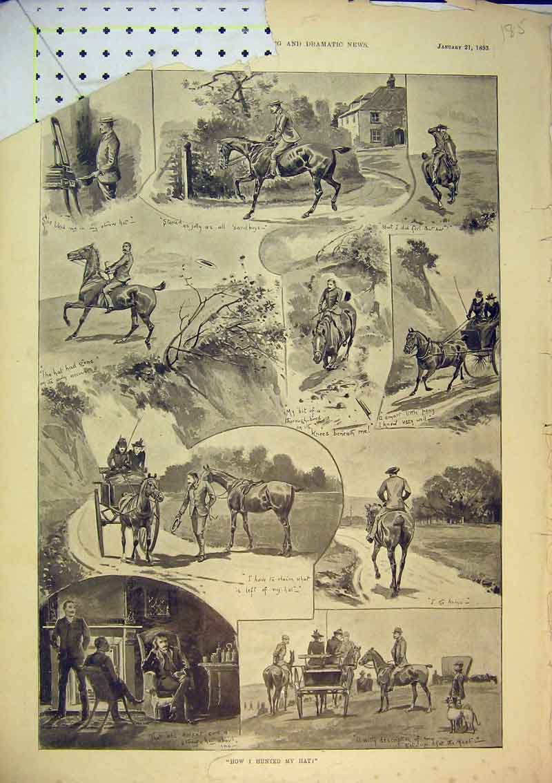 Original Old Antique Print 1893 Horses Hunting Country Coach Greyhounds Dogs