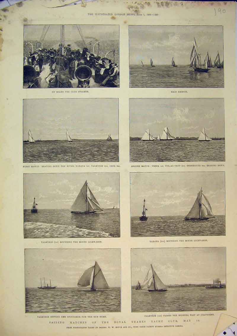 Original Old Antique Print 1889 Sailing Matches Royal Yacht Thames Club Steamer