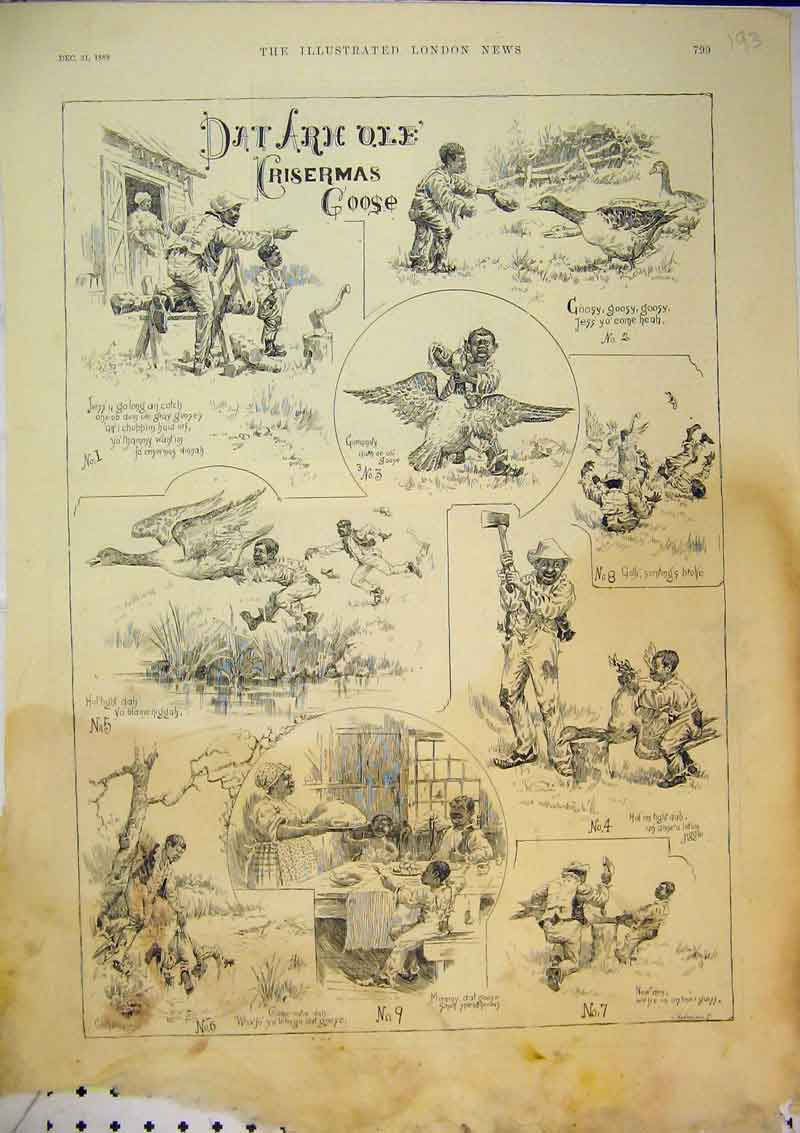 Original Old Antique Print 1889 Christmas Goose Comedy Country River Trees 19th