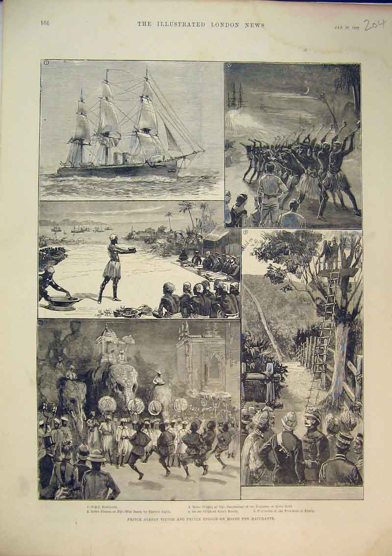 Original Old Antique Print 1892 Prince Albert Victor George Bacchante Ship Fiji