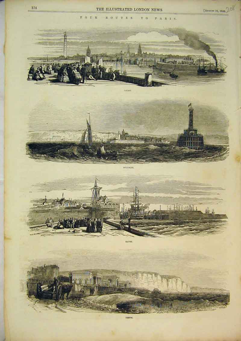 Original Old Antique Print 1856 Paris France Calais Boulogne Havre Dieppe Ships