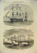 Original Old Antique Print 1856 Naval Review Gun Boat Attack Ship Rodney London