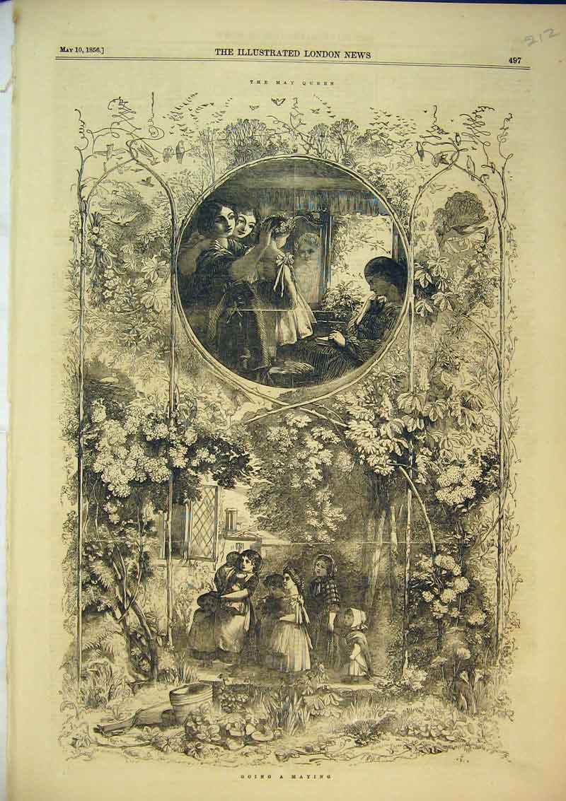 Original Old Antique Print 1856 Country Garden Family Children May Queen 19th