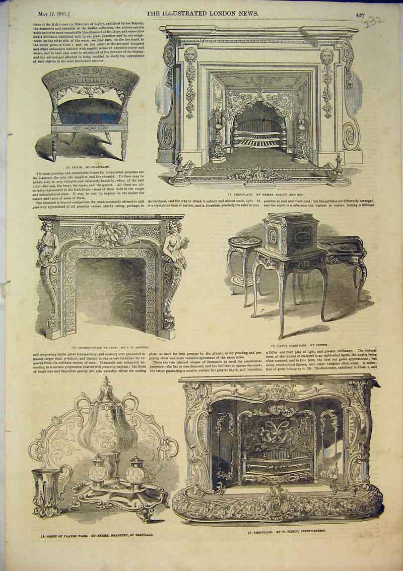 Original Old Antique Print 1851 Fire Place Fancy Furniture Chair Chimney Plated