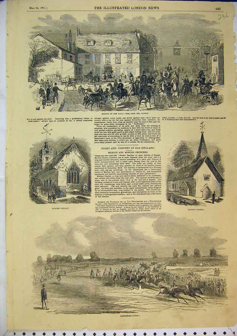 Original Old Antique Print 1851 Tattenham Corner Horse Racing Merton Church Inn