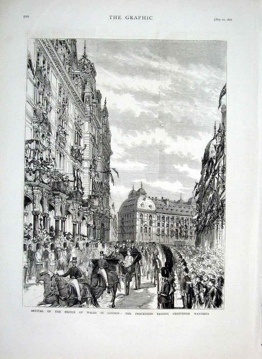 Old Antique Print Royal Procession Passing Grosvenor Mansions London 1876 19th