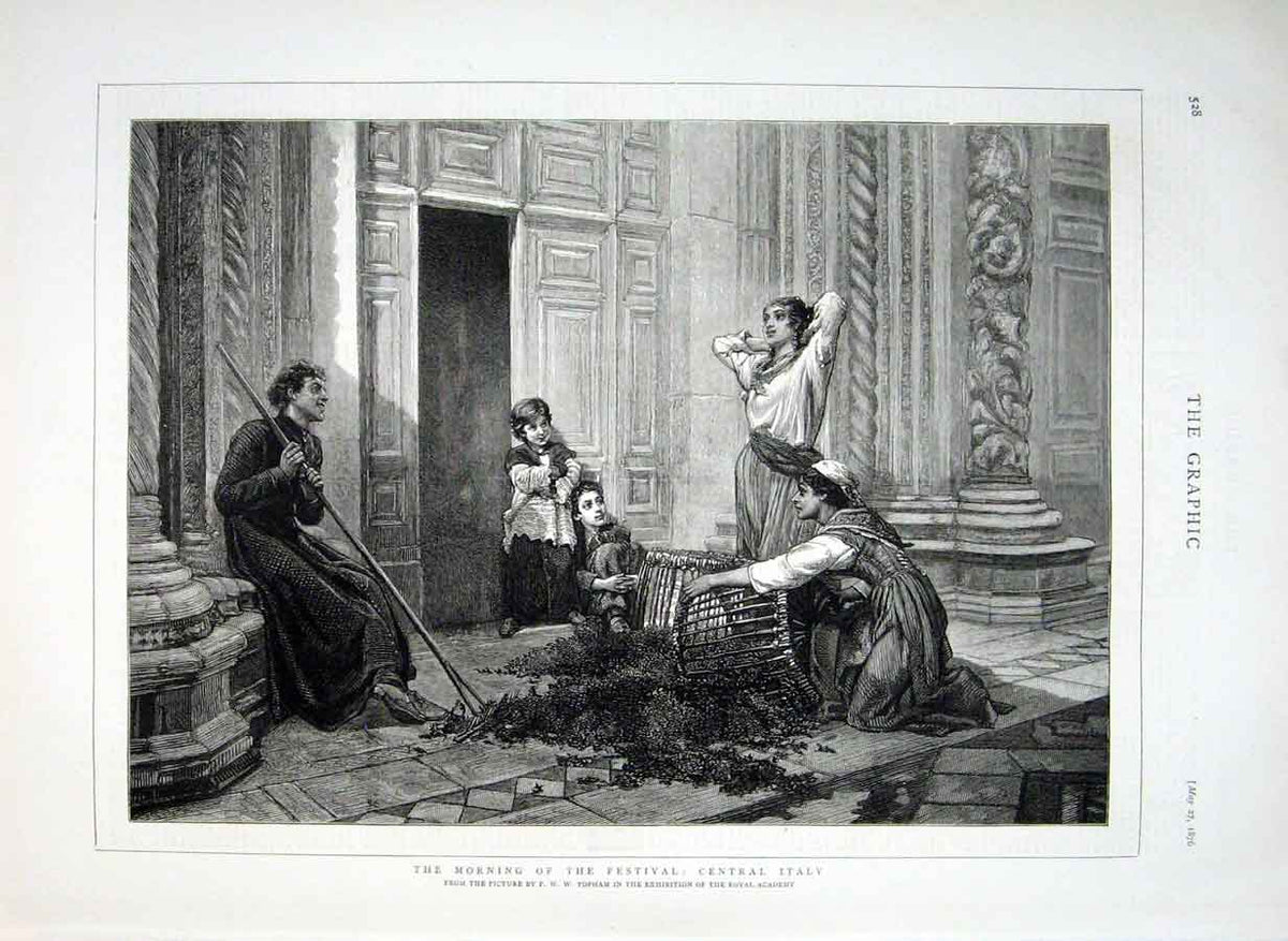 Original Old Antique Print Morning The Festival Central Italy 1876 Victorian