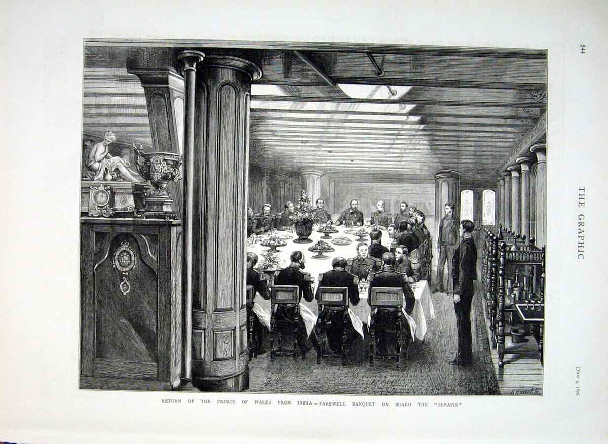Original Old Antique Print Royal Banquet On Board Seapis 1876 Ships Victorian