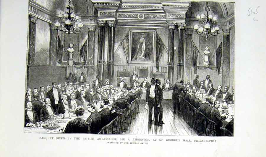 Original Old Antique Print Banquet In St Geaorges Hall Philadelphia 1876 19th