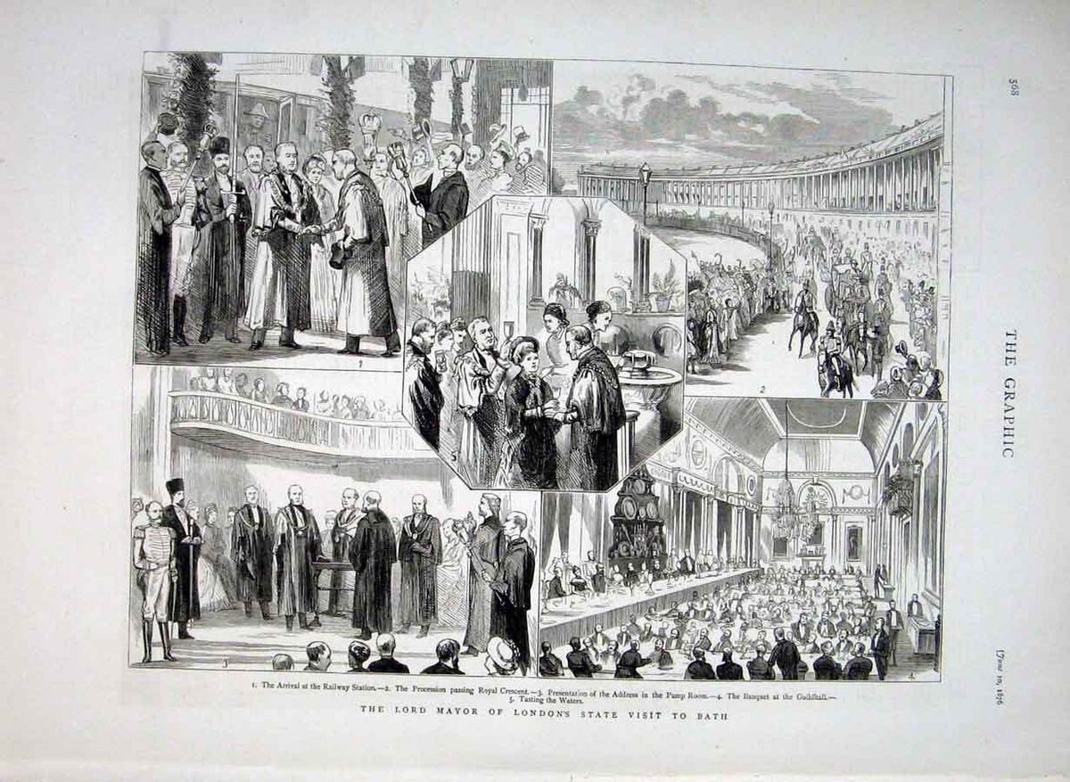 Original Old Antique Print London Mayor'S State Visit To Bath 1876 Victorian