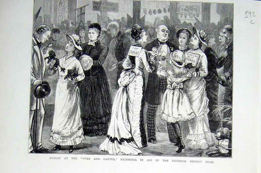 Old Antique Print Bazaar At Star & Garter Richmond In Aid Orphans Home 18 19th