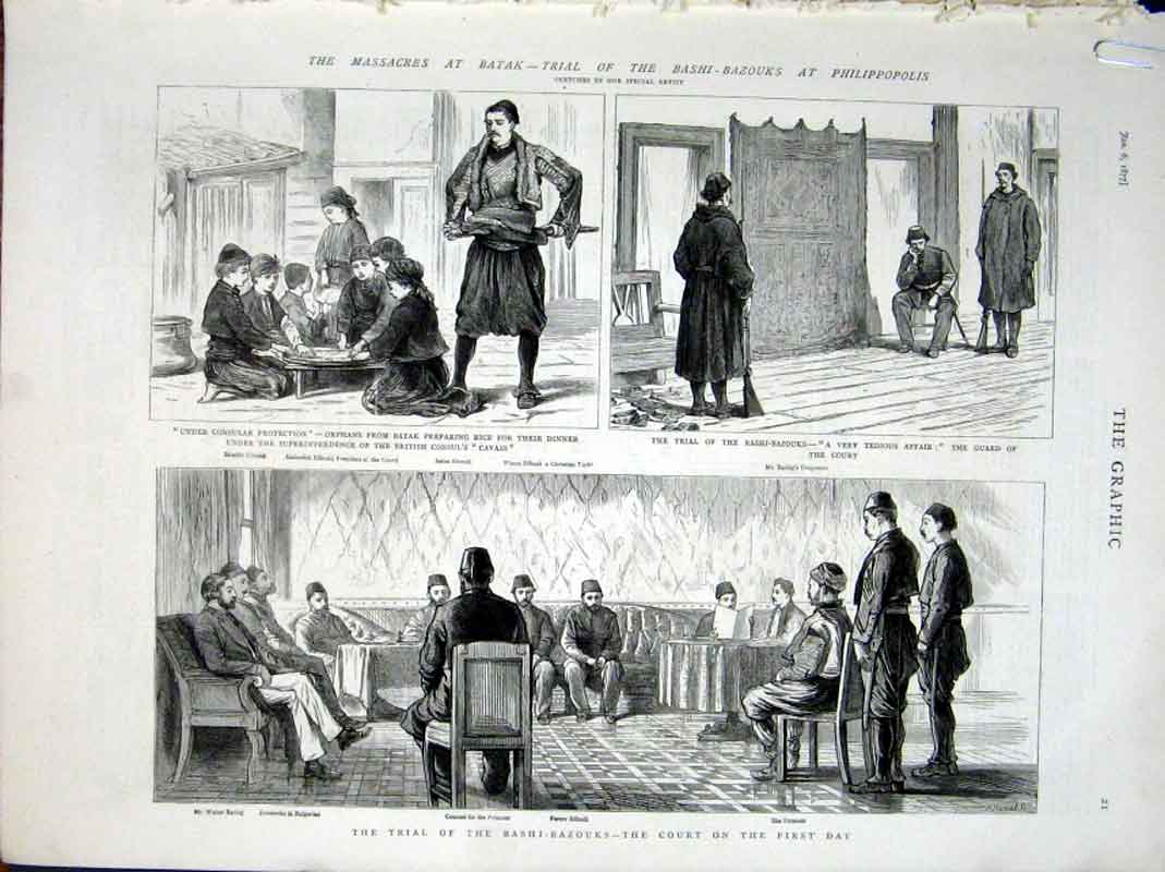 Original Old Antique Print Trial Bashi Bazouks At Philippopolis & Iprison 1877