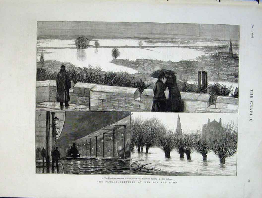Original Old Antique Print Floods Windsor & Eton 1877 19th Century