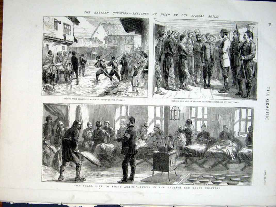 Original Old Antique Print Turks In English Red Cross Hospital 1877 Victorian