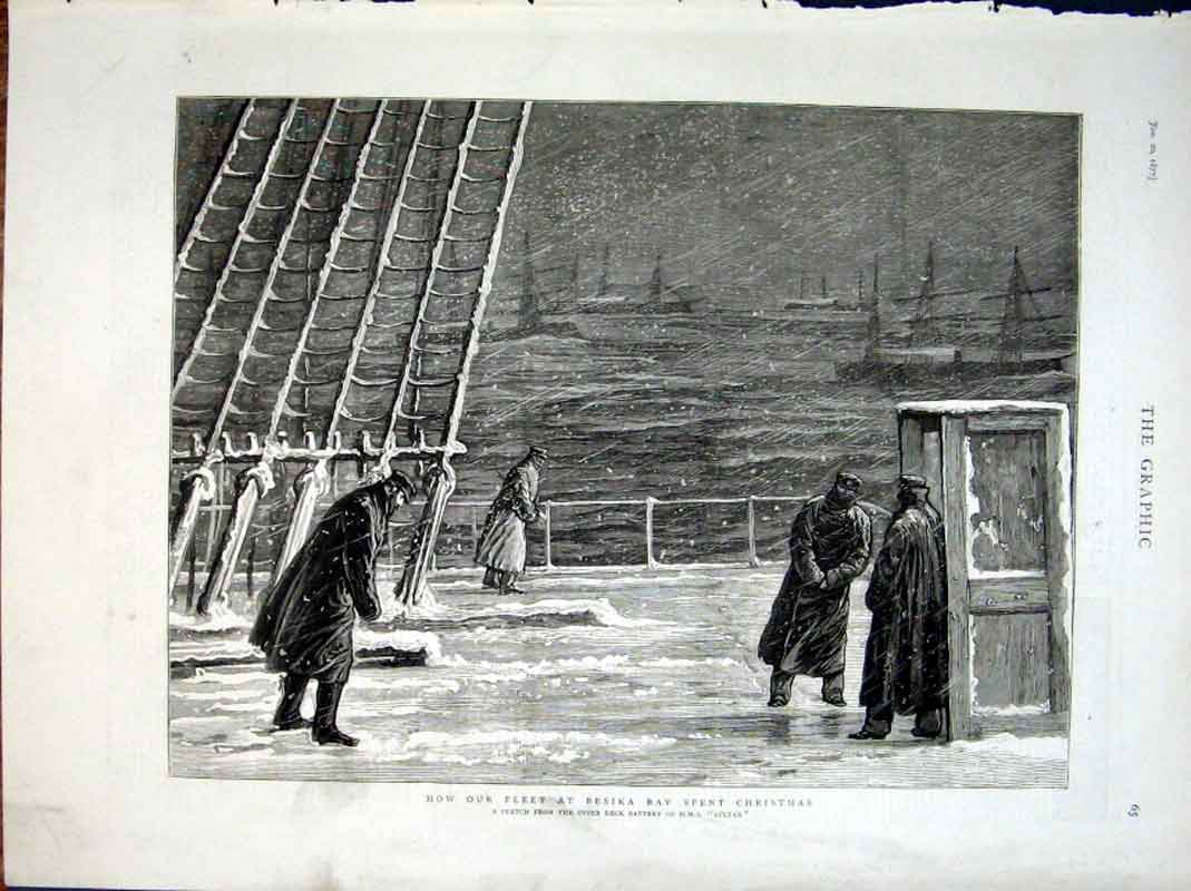 Original Old Antique Print English Fleet Spend Christmas At Besika 1877 Ships