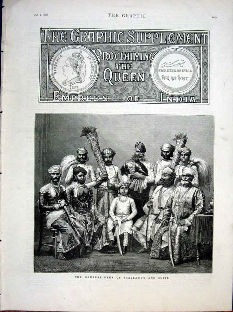 Original Old Antique Print Maharaj Rana Jhallwaur And Suite 1877 19th