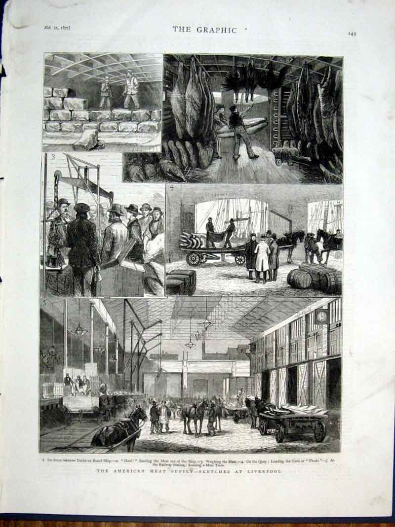 Original Old Antique Print American Meat At Liverpool 1877 Trade 19th