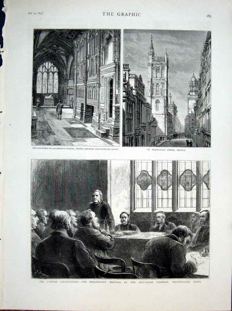 Old Antique Print Priory Church Christchurch Werburgh Tower Bristol 1877 19th