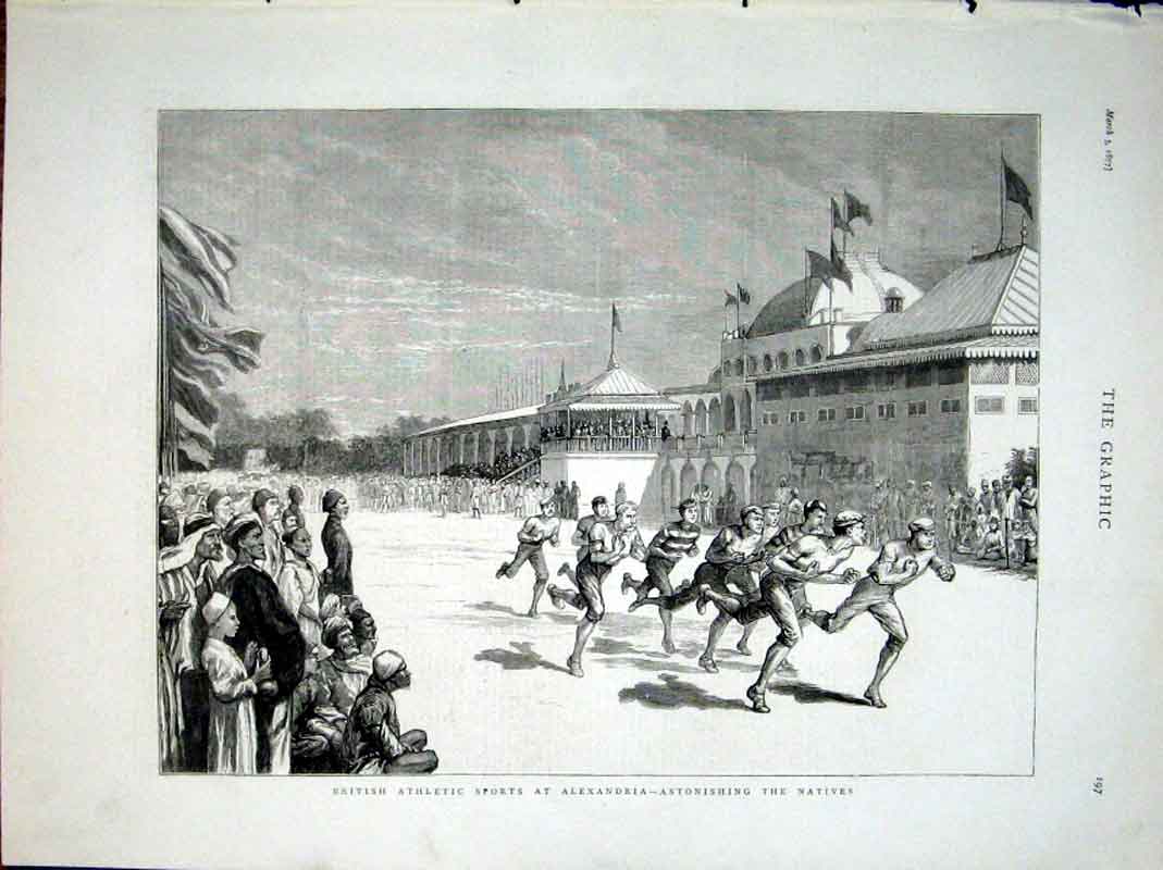 Original Old Antique Print British Athletic Sports Alexandria 1877 Victorian