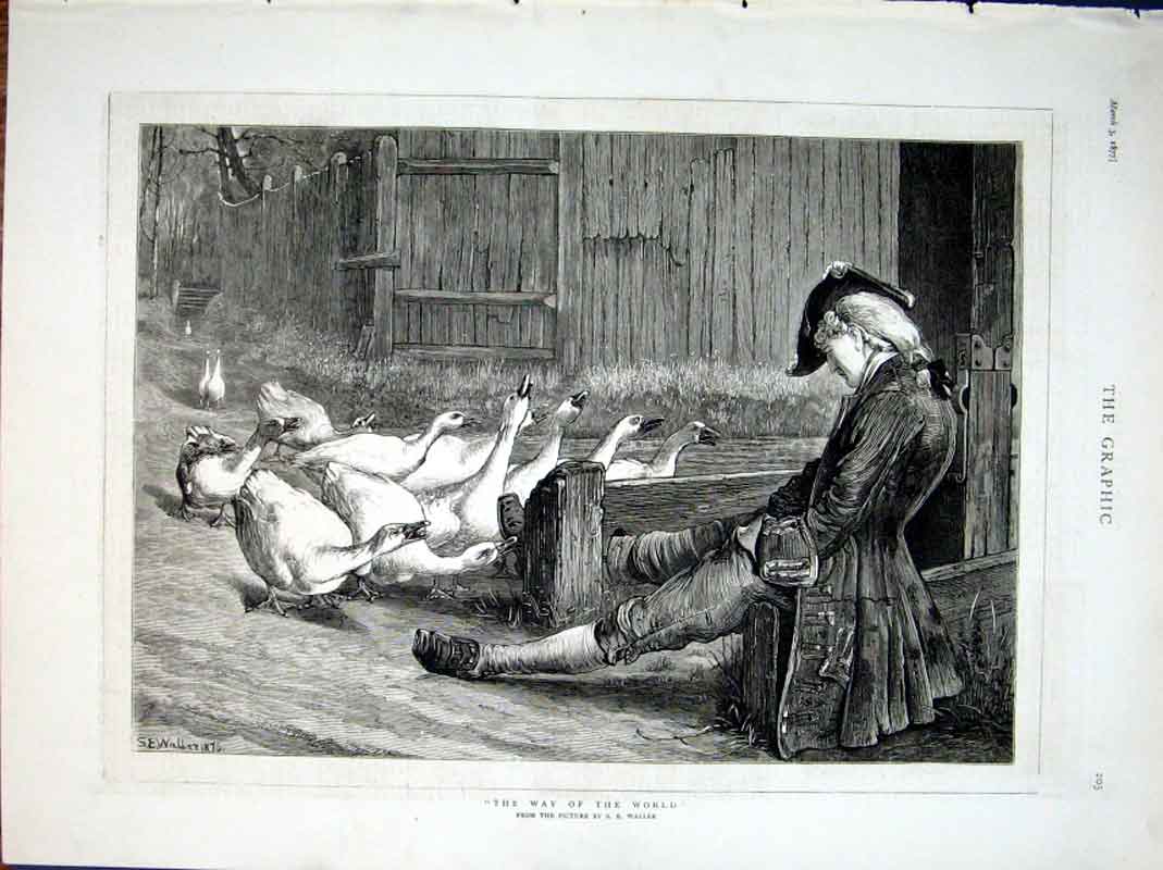 Original Old Antique Print Way The World1877 Geese With Man In Stock Victorian