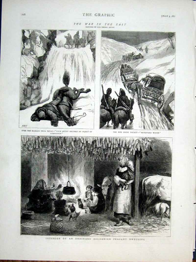 Original Old Antique Print Bulgarian Peasant Dwelling Red Cross Society Homeward
