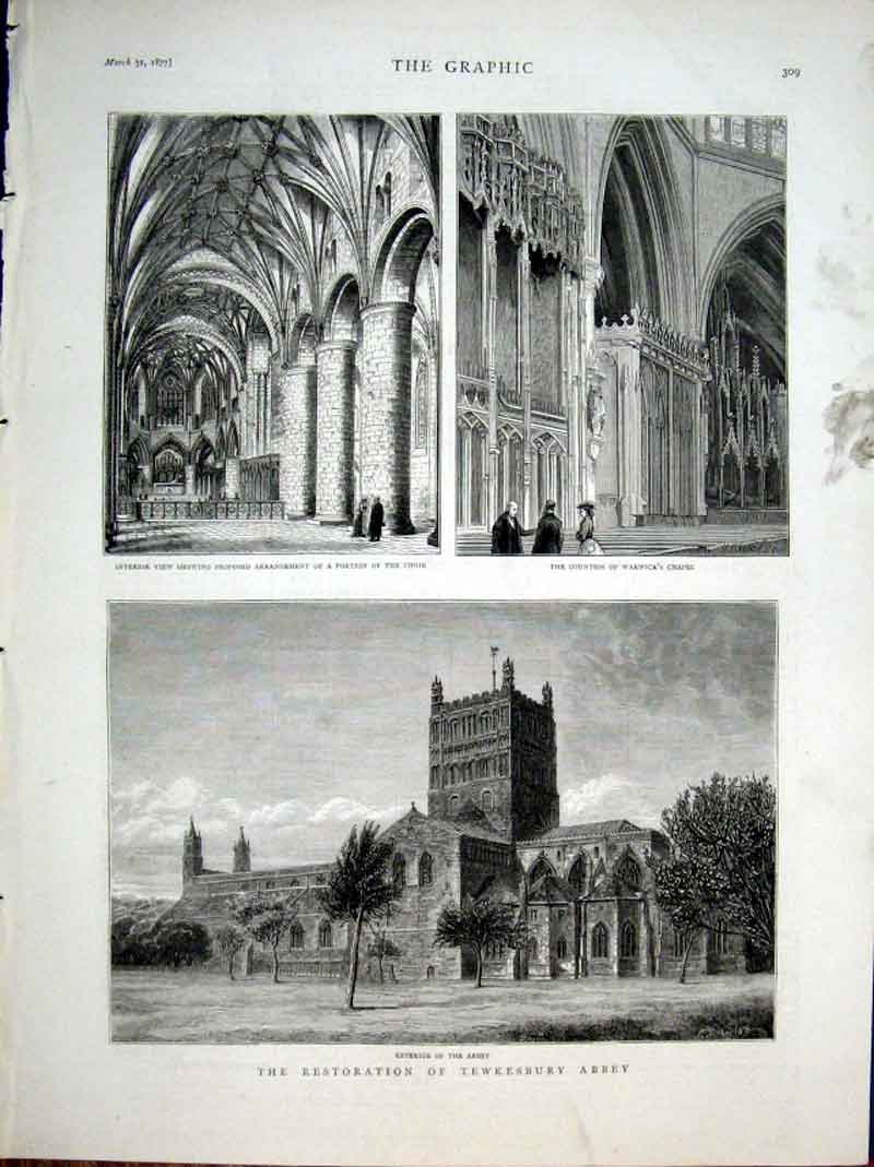 Original Old Antique Print Restoration Tewskesbury Abbey 1877 19th