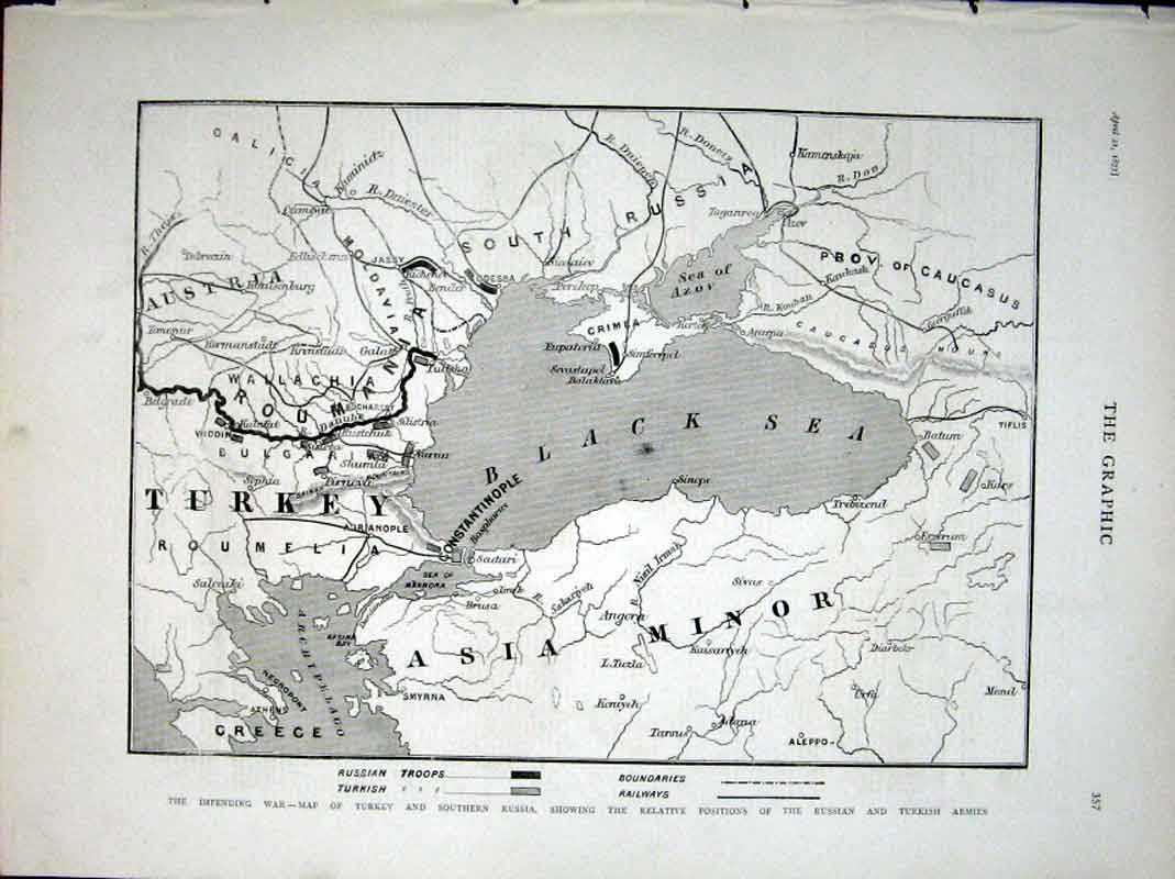 Original Old Antique Print Map Impending War In East 1877 Turkey Russia Etc 19th