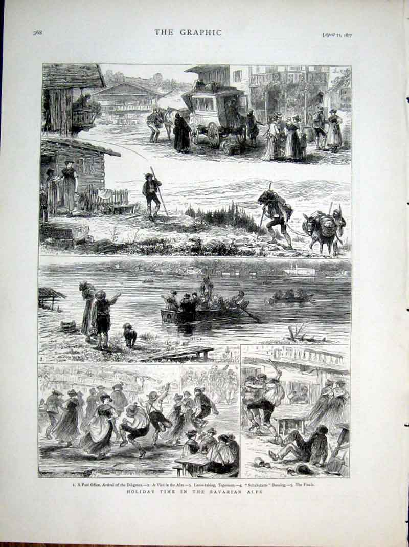 Original Old Antique Print Holiday Time Bavarian Alps 1877 19th