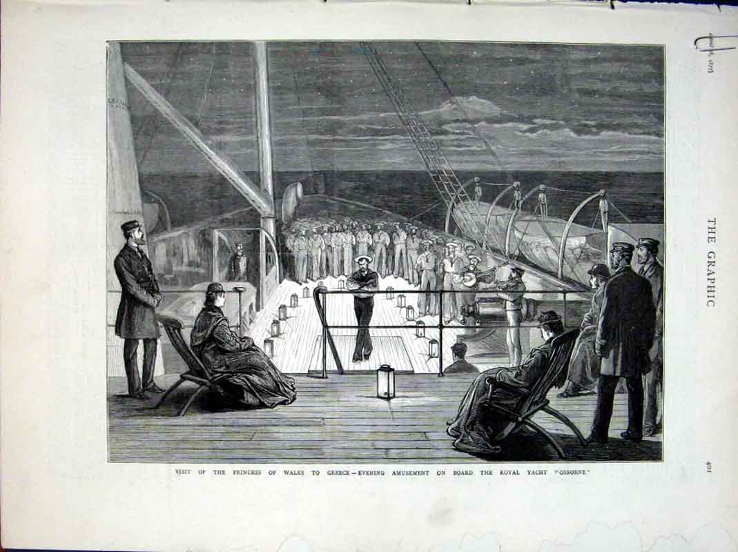 Old Antique Print Princess Wales On Royal Yacht Osborne Visits Greece 187 19th