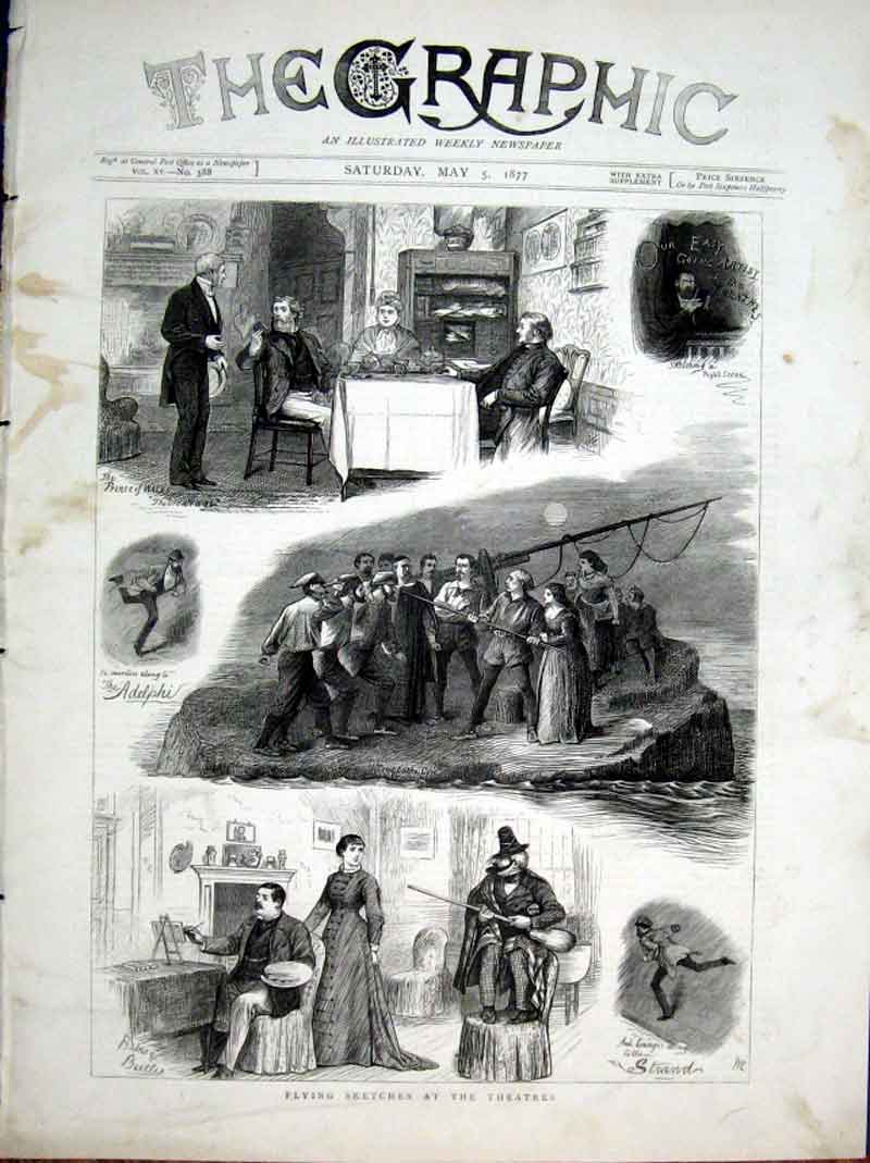 Original Old Antique Print Flying Sketches At The Theatre 1877 Londo Victorian