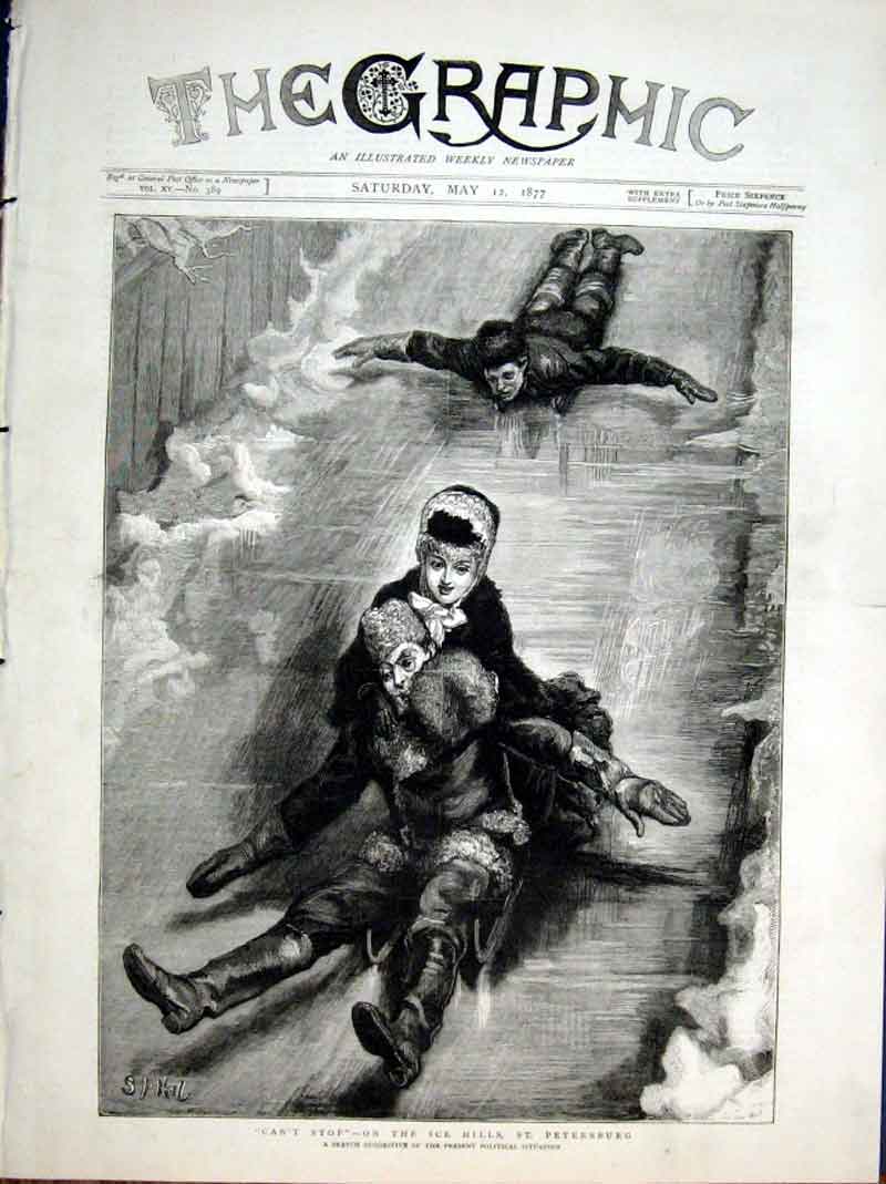 Original Old Antique Print Cant Stop Ice Hills St Petersburg 1877 19th