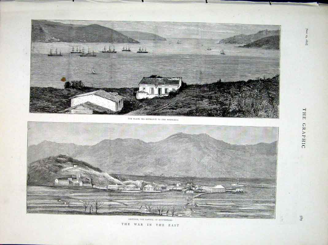 Old Antique Print War N East 1877 Entrance Bosphorus Cettinge Montenegro 19th