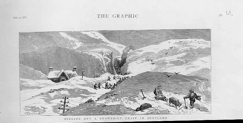 Original Old Antique Print Digging Out Snowed Up Train Scotland January 1885