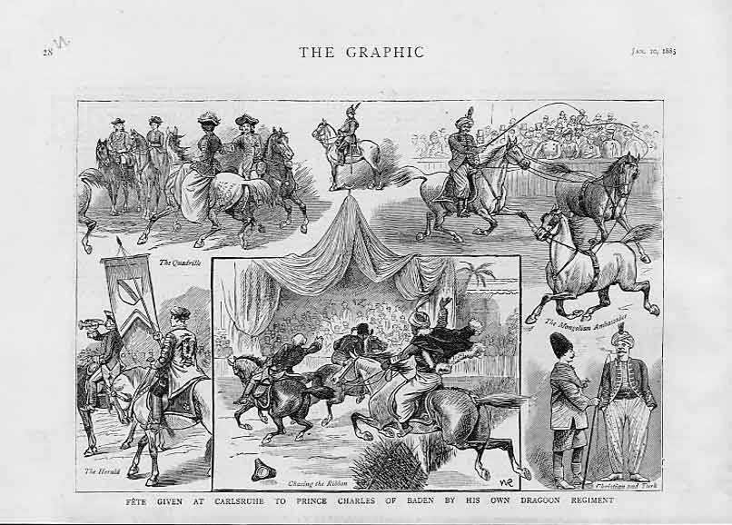 Original Old Antique Print Dragoon Fete For Prince Charles Baden At Carlsure