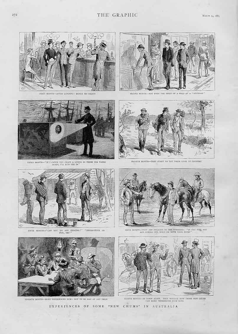 Original Old Antique Print New Chums In Australia 1885 19th Century