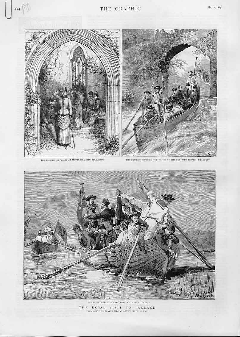 Original Old Antique Print Royal Visit Killarney Ireland 1885 Belfast Victorian