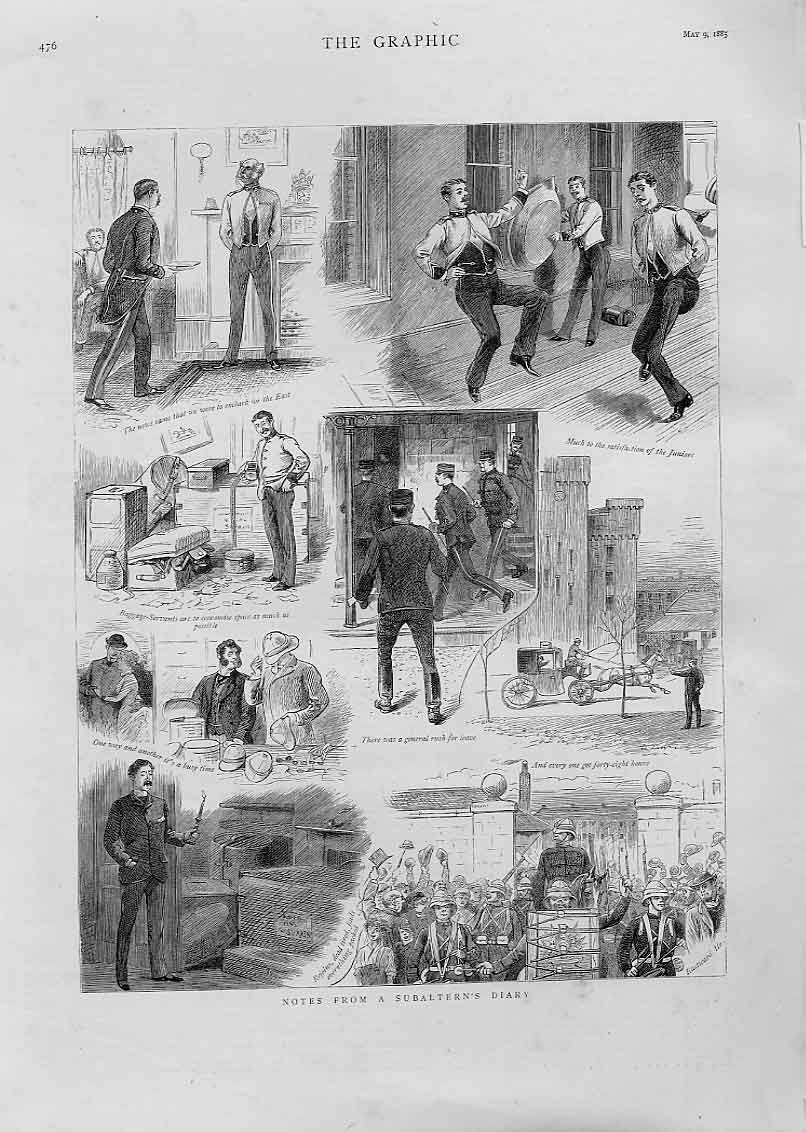 Original Old Antique Print Junior Subalterns Diary Before Embarking To War 1885