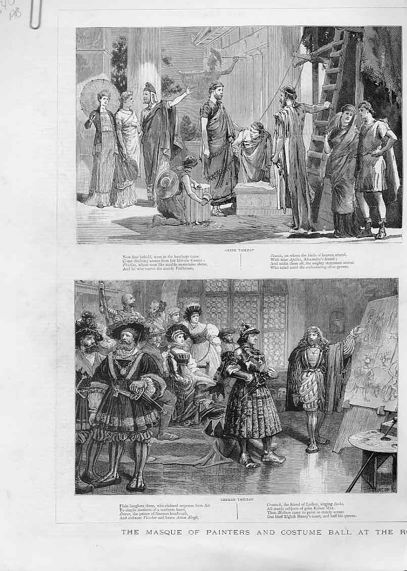 Original Old Antique Print Masque Painters & Costume Ball Princes Hall London