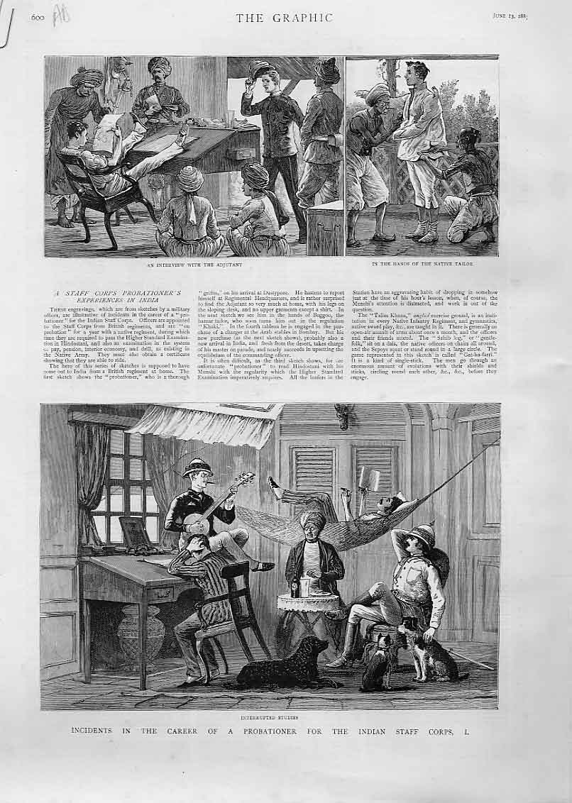 Original Old Antique Print Career Probationer Indian Staff Corps