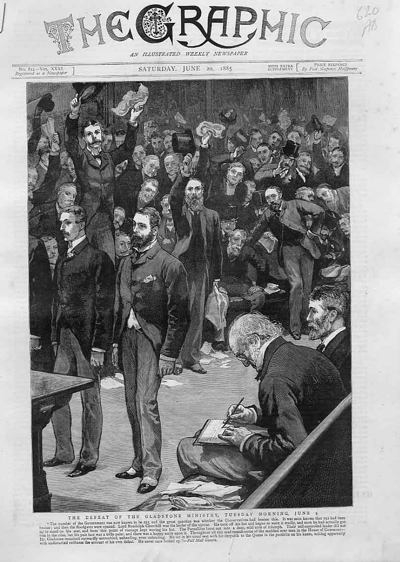 Original Old Antique Print Defeat Gladstone Ministry House Commons June 1885