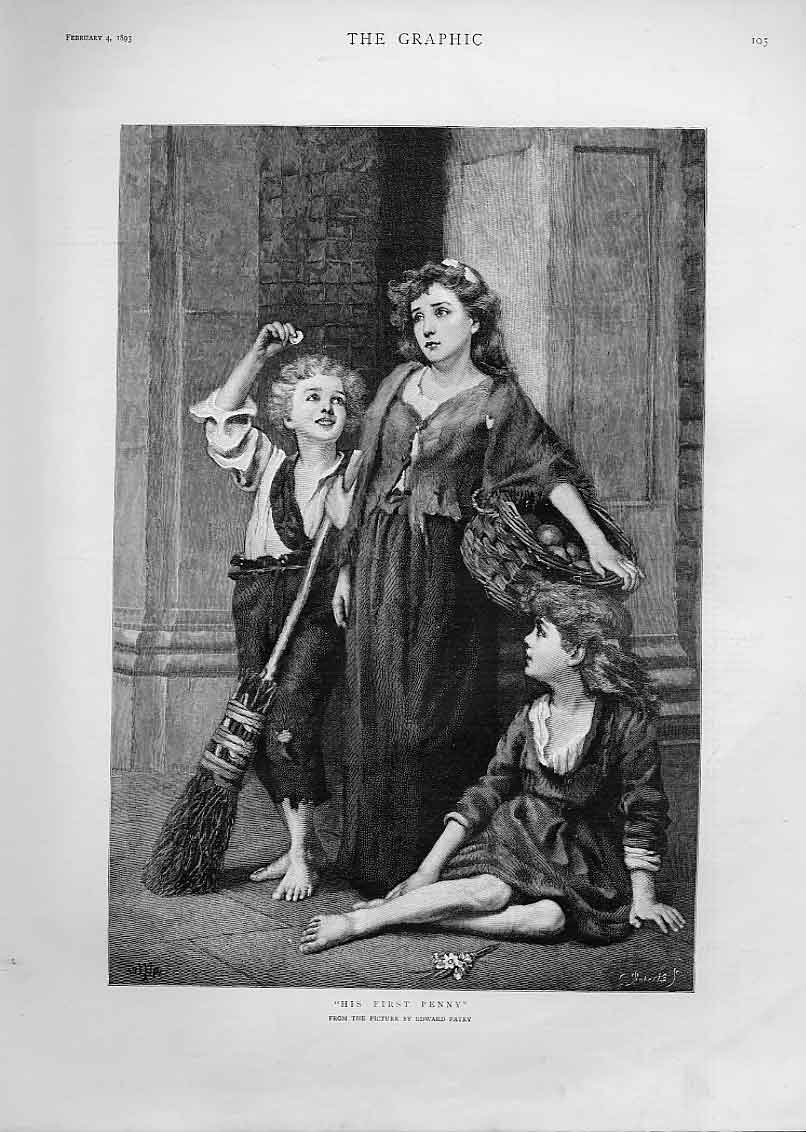 Original Old Antique Print His First Penny Fine Art By Patry 1893 19th