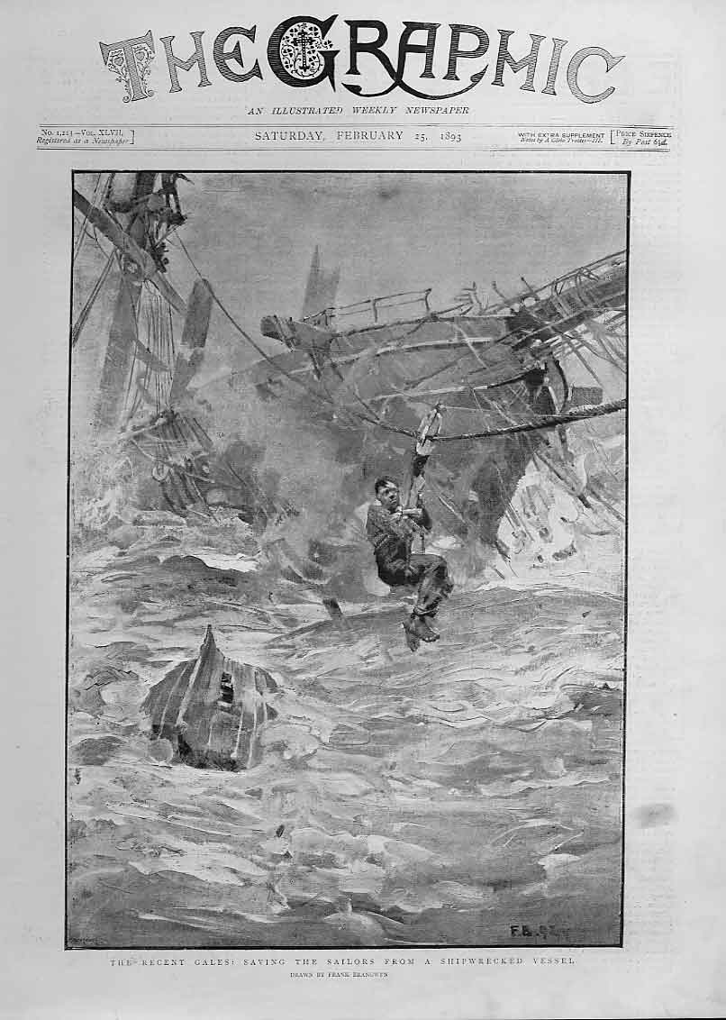 Original Old Antique Print Saving Sailors From Ship Wrecked Vessel Fine Art 1893