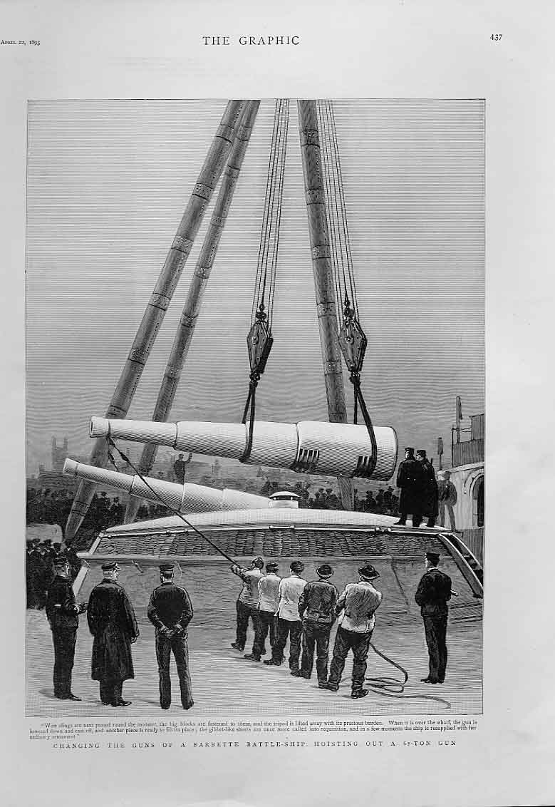 Original Old Antique Print Changing Guns Battle Ship Hoisting Out 67 Ton Gun