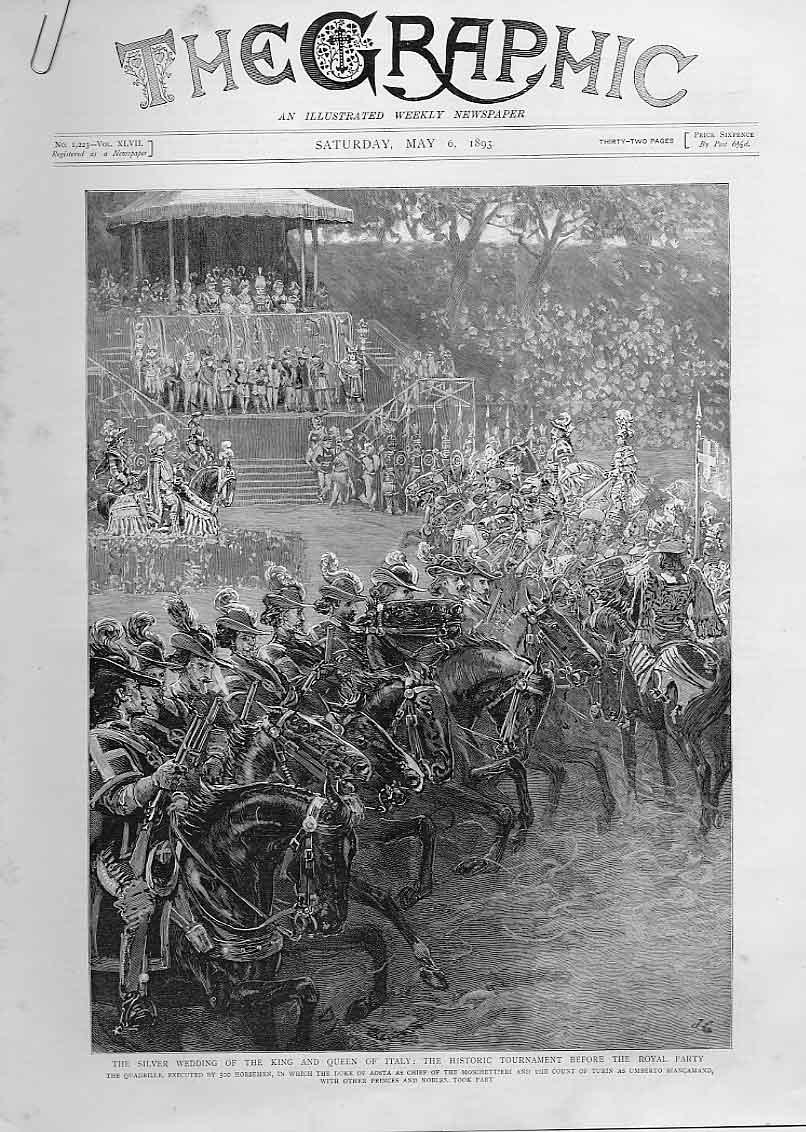 Original Old Antique Print Tournamnet Foe Silver Wedding King Queen Italy 1893