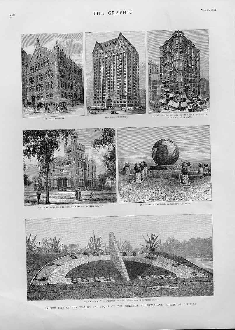 Original Old Antique Print Chicago Buildings In 1893 Usa 19th Century