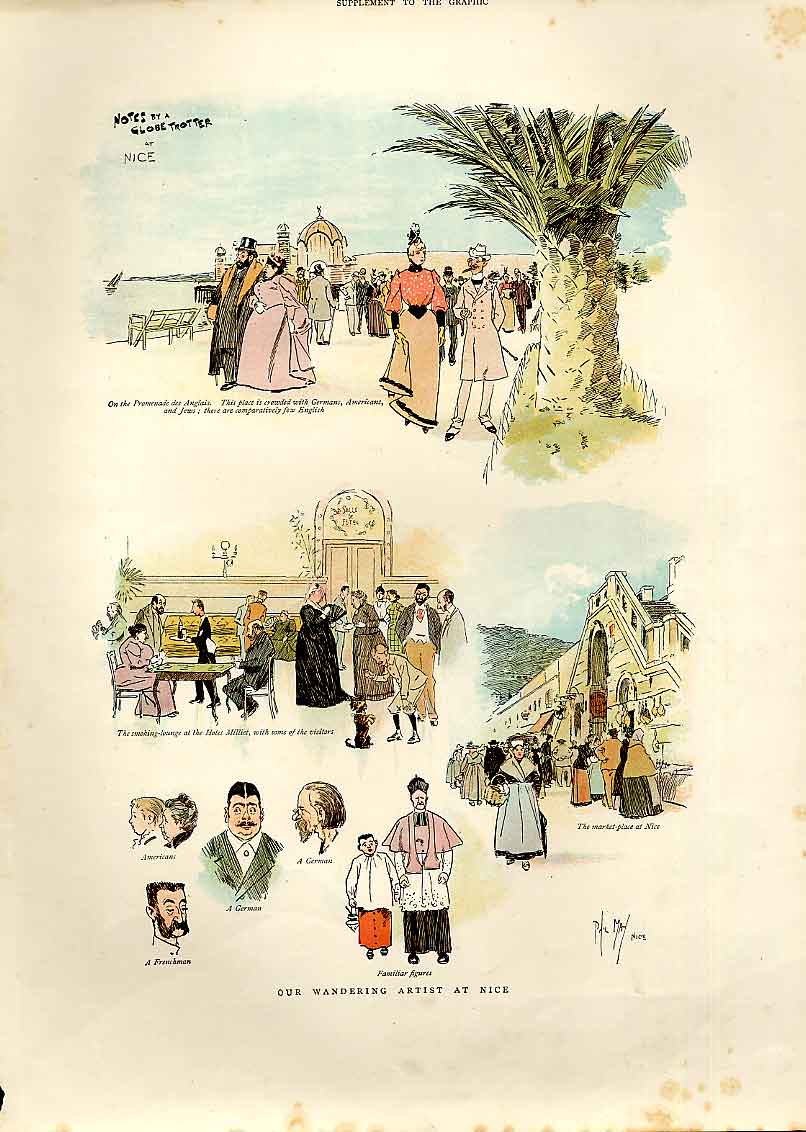 Original Old Antique Print Wandering Artist At Nice France 1893 19th