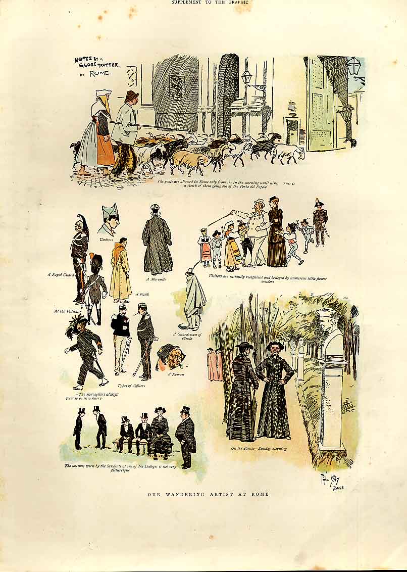 Original Old Antique Print Wandering Artist At Rome Italy 1893 19th