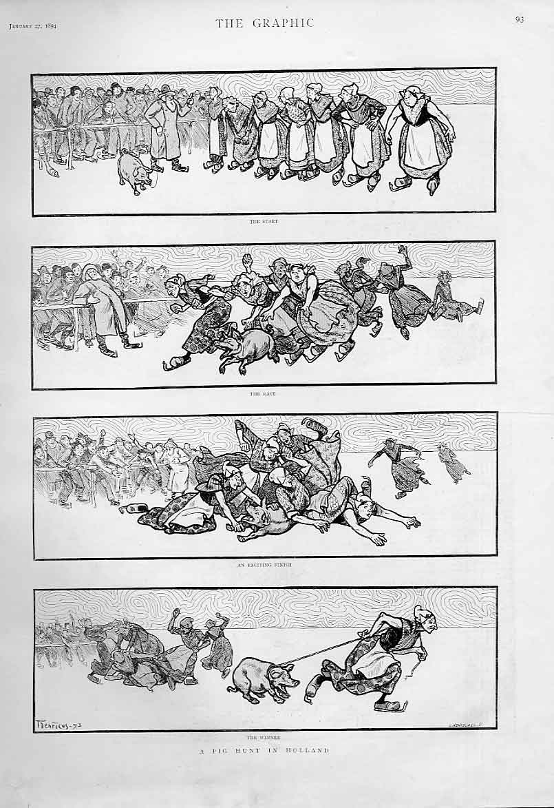 Original Old Antique Print Pig Hunt In Holland 1894 19th Century