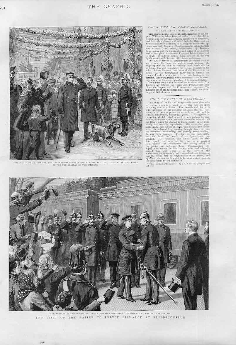 Original Old Antique Print Kaiser Visits Prince Bismark At Friedrichsruh 1894