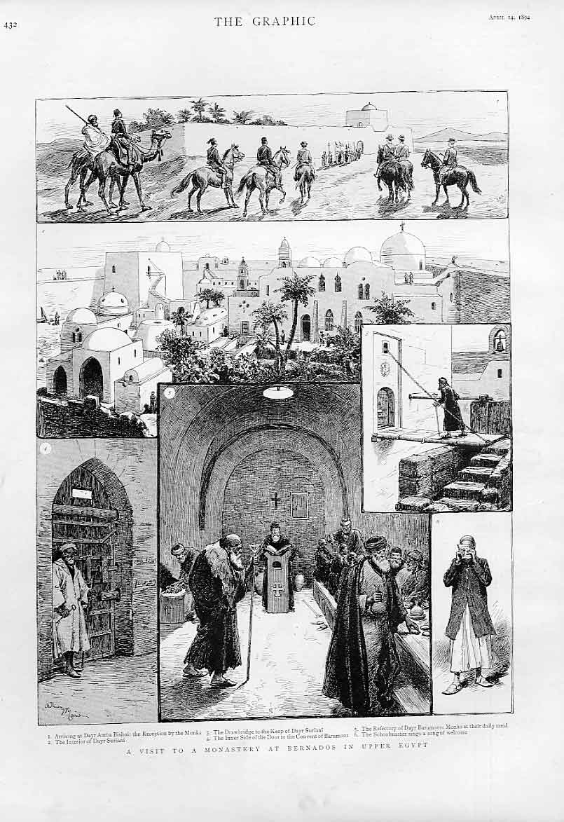 Original Old Antique Print Monastry At Bernados Upper Egypt 1894 19th